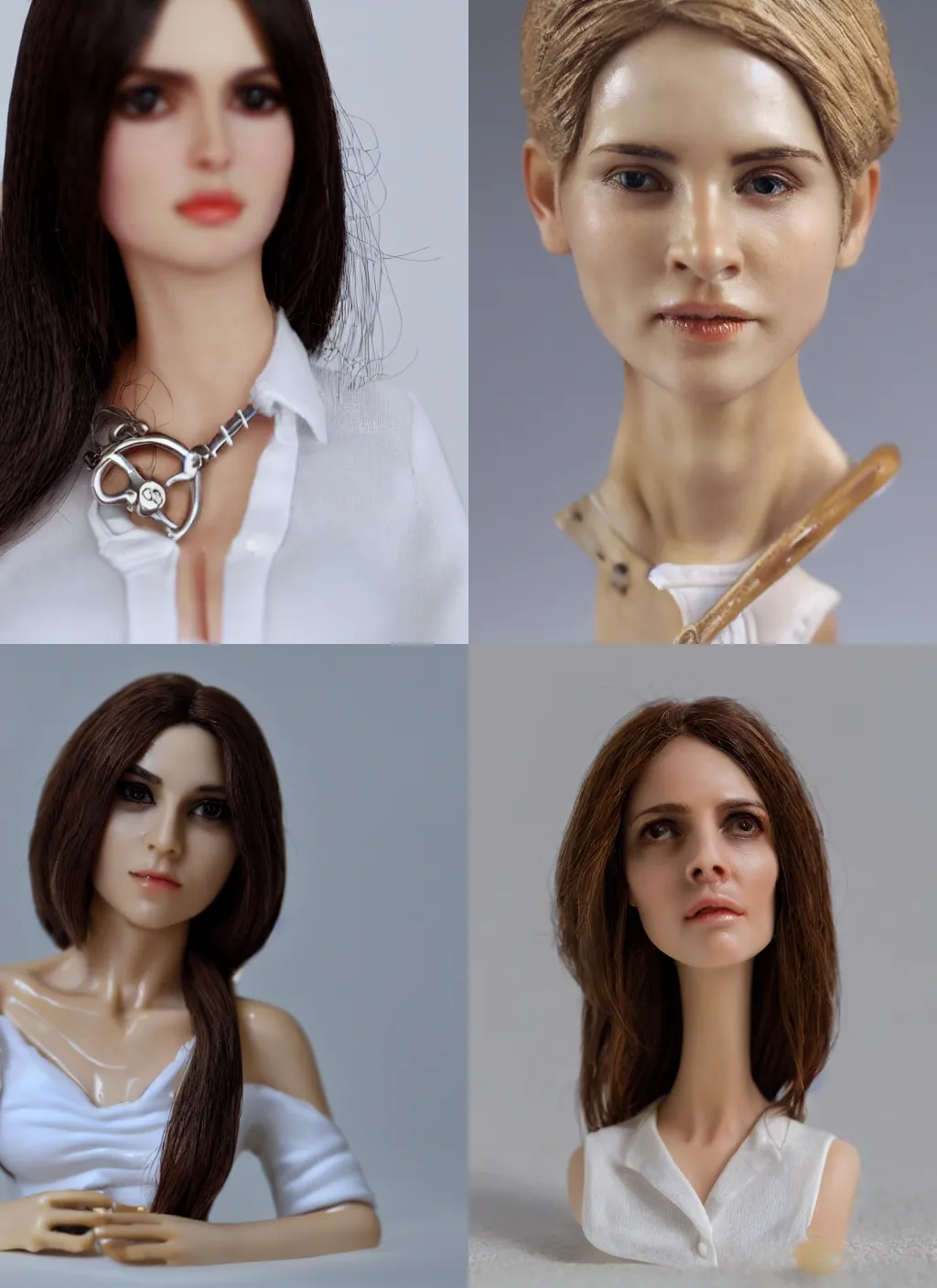 Prompt: 80mm resin detailed miniature of a mother, clothed in white shirt, olive skin, long dark hair, neck belt, beautiful bone structure, symmetrical facial features, Product Introduction Photos, 4K, Full body