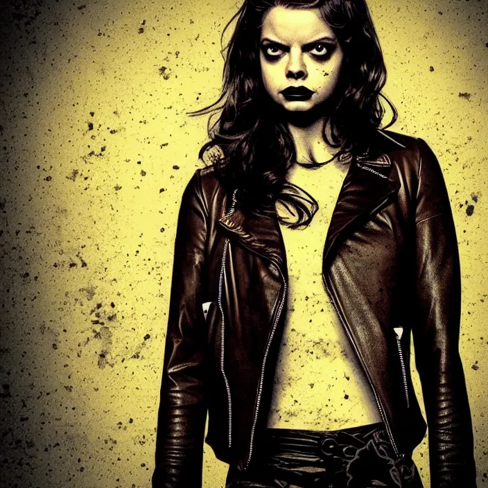 Prompt: in the style of Rafael Albuquerque comicbook cover art, Samara Weaving vampire, sharp teeth grin, perfect Symmetrical face, sarcastic, brown leather jacket, in an abandoned warehouse, surrounded by vampires