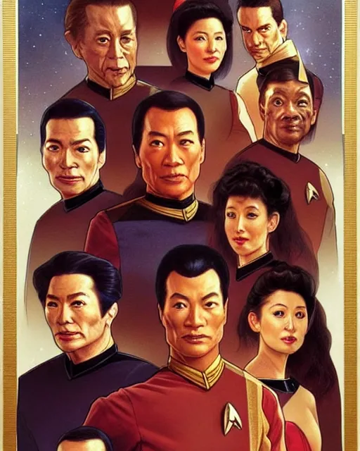 Prompt: Portrait of Star Trek TNG cast but they are chinese, real life skin, intricate, elegant, highly detailed, artstation, concept art, smooth, sharp focus, art by artgerm and greg rutkowski and alphonse mucha