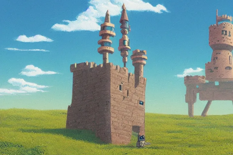 Prompt: a robot castle walking across the plains, ghibli