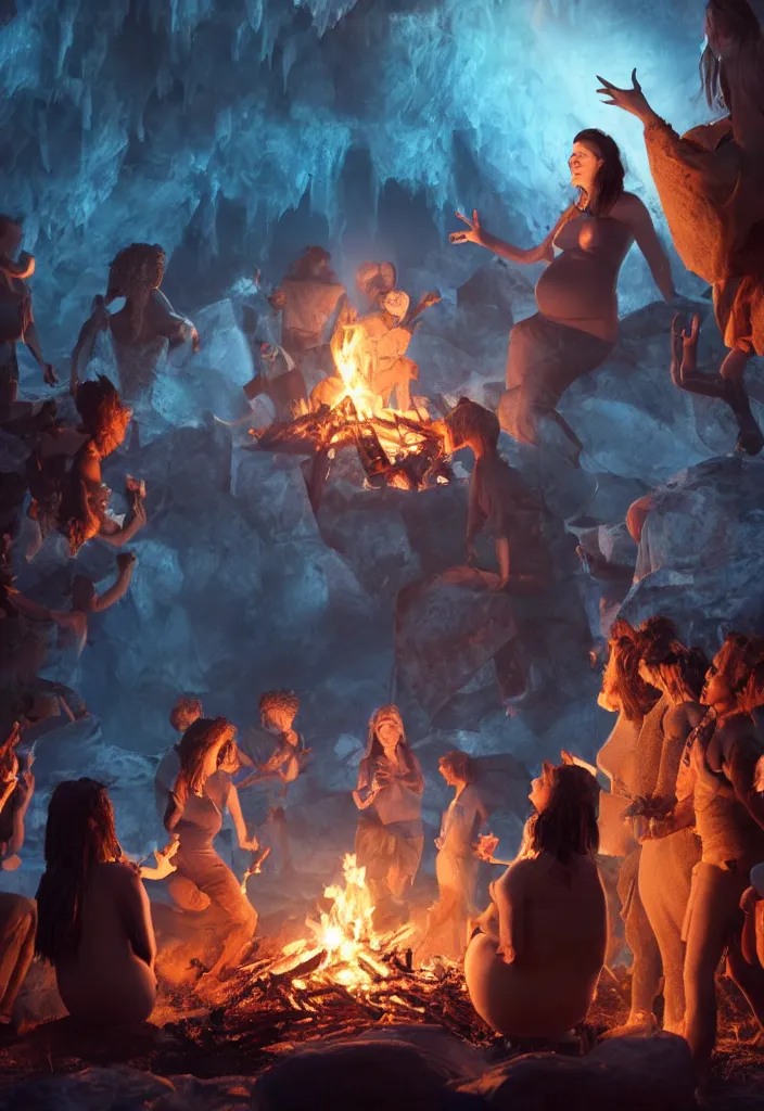 Prompt: epic leader pregnant woman talking to all her tribe around a bonfire, proud people looking at the pregnant woman, ice cave, facinating, fantasy digital art, octane render, beautiful composition, trending on artstation, coherent, masterpiece, photorealistic