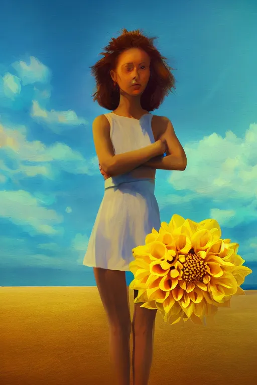 Image similar to closeup girl with huge yellow dahlia flower head, on beach, surreal photography, blue sky, sunrise, dramatic light, impressionist painting, digital painting, artstation, simon stalenhag