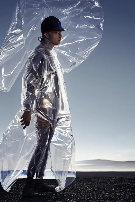 Prompt: an ultra high definition professional high fashion portrait studio full length photograph of a male model wearing a transparent pearlescent raincoat and neon visor running in an icelandic black rock environment at dawn. no artefacts. extremely detailed. stark. refraction. shallow depth of field. volumetric light and shadow. ray tracing. light rays.