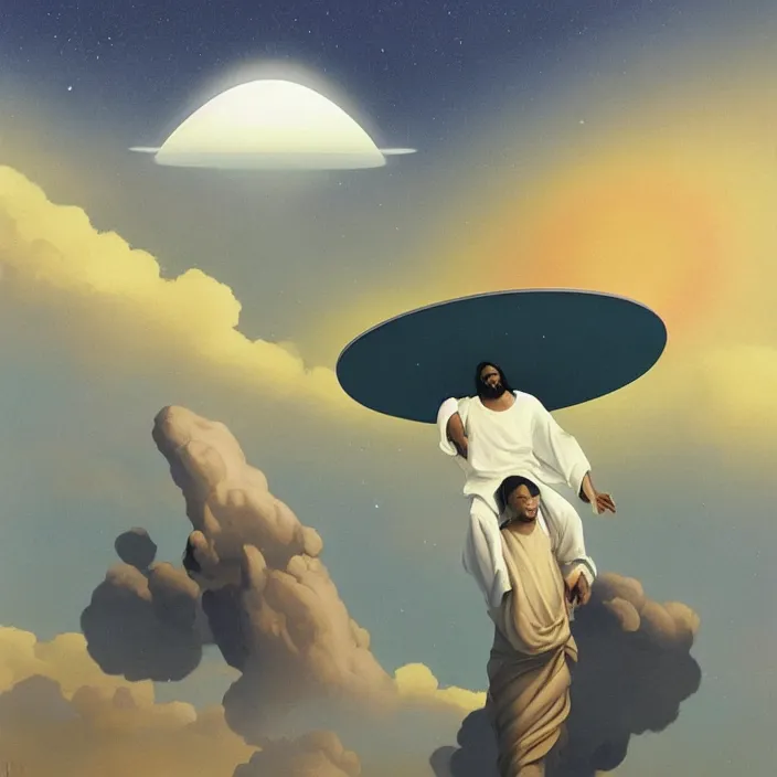 Image similar to UFO hovering over an African Jesus ,painting by Hsiao-Ron Cheng,