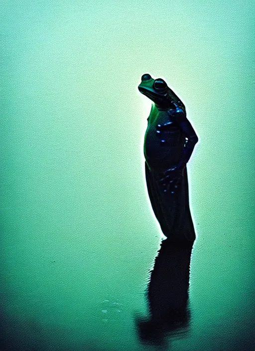 Image similar to “translucent frog amphibian vertically hovering above misty lake waters in jesus christ pose, low angle, long cinematic shot by Andrei Tarkovsky, paranormal, eerie, mystical”