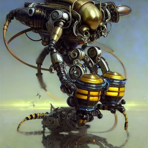 Image similar to highly detailed robot in the form of a bee, art by donato giancola, eugene delacroix, ruan jia, carl larsson, peter mohrbacher. trending on artstation, intricate details, energetic composition,, concept art, illustration, elegant art, global illuminaition