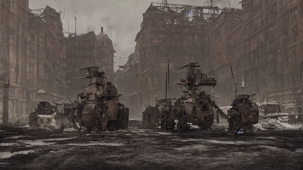 Image similar to It is a time of unrest in 1920's Europa. The ashes from the first great war still darken the snow. The capitalistic city-state known simply as 'The Factory', which fueled the war with heavily armored mechs, has closed its doors, drawing the attention of several nearby countries. octane render, 8k