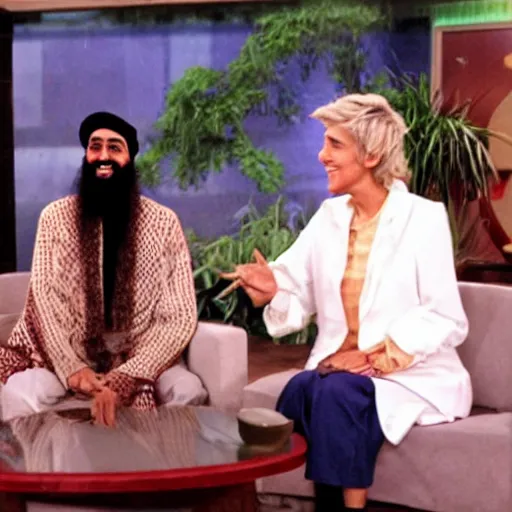 Prompt: ossama bin laden as a tv host with elen degeneress