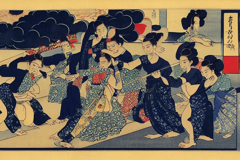 Image similar to sri lankan fuel line, in the style of ukiyo-e