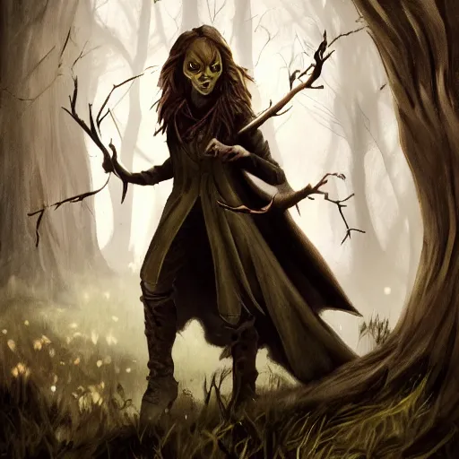 Image similar to emma watson as a goblin, dark forest, dnd art, fantasy art