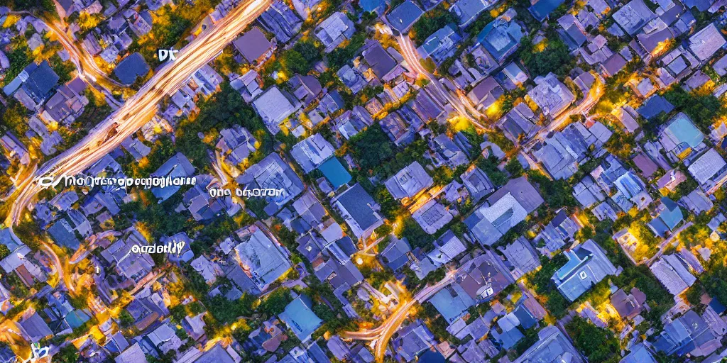 Prompt: Night view of suburb streets and residential apartment buildings in the distance. 3d spherical panorama with 360 viewing angle ready for virtual reality or vr. full equirectangular projection. low angle eye level view