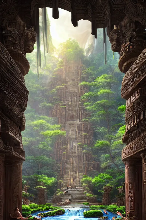 Image similar to An amazing interior of the temple of the gods of nature, intricate details, vast open interior, amazing and tall waterfalls, dramatic lighting, digital art, trending on Artstation, dark, hyper-realistic, detailed