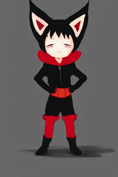 Image similar to little boy with cat ears in an black outfit with red cape. digital artwork made by lois van baarle and kentaro miura and marc simonetti, sharpness focus, inspired by hirohiko araki and noir film, anatomically correct, heroic composition, hero pose, smooth