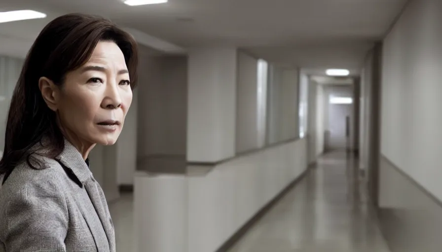 Image similar to michelle yeoh as evelyn wang from everything everywhere all at once ( 2 0 2 2 ) inside irs building, directed by'daniels ', cinematography by larkin seiple, martial arts multiverse movie still