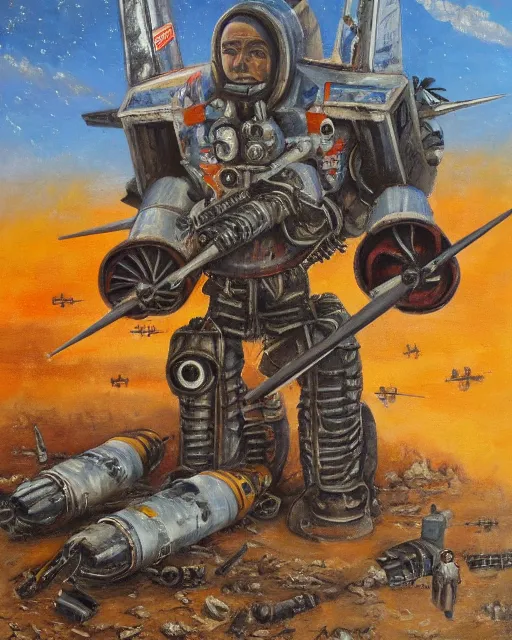 Prompt: portrait of a sukhoi mech armed with rockets and a minigun, oil painting, soviet ( ( ( airplane ) ) ), tribal yurta, postapocalyptic, sharp focus