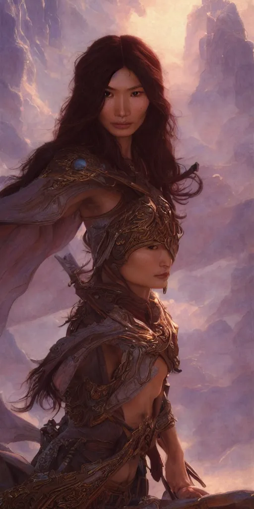 Prompt: gemma chan, beautiful fantasy maiden, dungeons and dragons, masterpiece by edgar maxence and ross tran and michael whelan, frank frazetta, gustav dore, 8 k, octane render