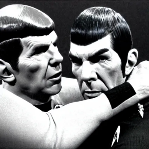 Image similar to Spock gives Kirk a hug