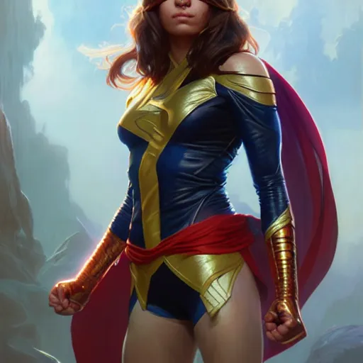 Image similar to portrait painting of ms. marvel as a warrior fairy, ultra realistic, concept art, intricate details, eerie, highly detailed, photorealistic, octane render, 8 k, unreal engine. art by artgerm and greg rutkowski and charlie bowater and magali villeneuve and alphonse mucha