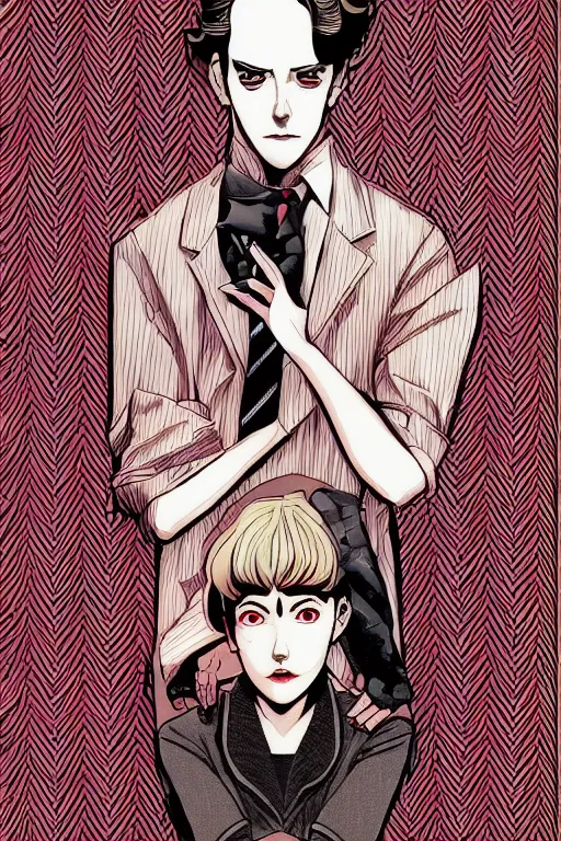 Image similar to twin peaks horror detective manga comic cover, dramatic, the cast forms chevron zig zag pattern, beautifully drawn coherent professional, drawn by ilya kuvshinov, satoshi kon. by tomer hanuka and michael whalen, minimalist stylized cover art, cel shaded