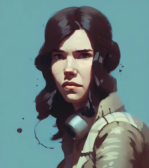 Image similar to portrait of a female han solo by atey ghailan, by greg rutkowski, by greg tocchini, by james gilleard, by joe fenton, by kaethe butcher, dynamic lighting, gradient light blue, brown, blonde cream and white color scheme, grunge aesthetic
