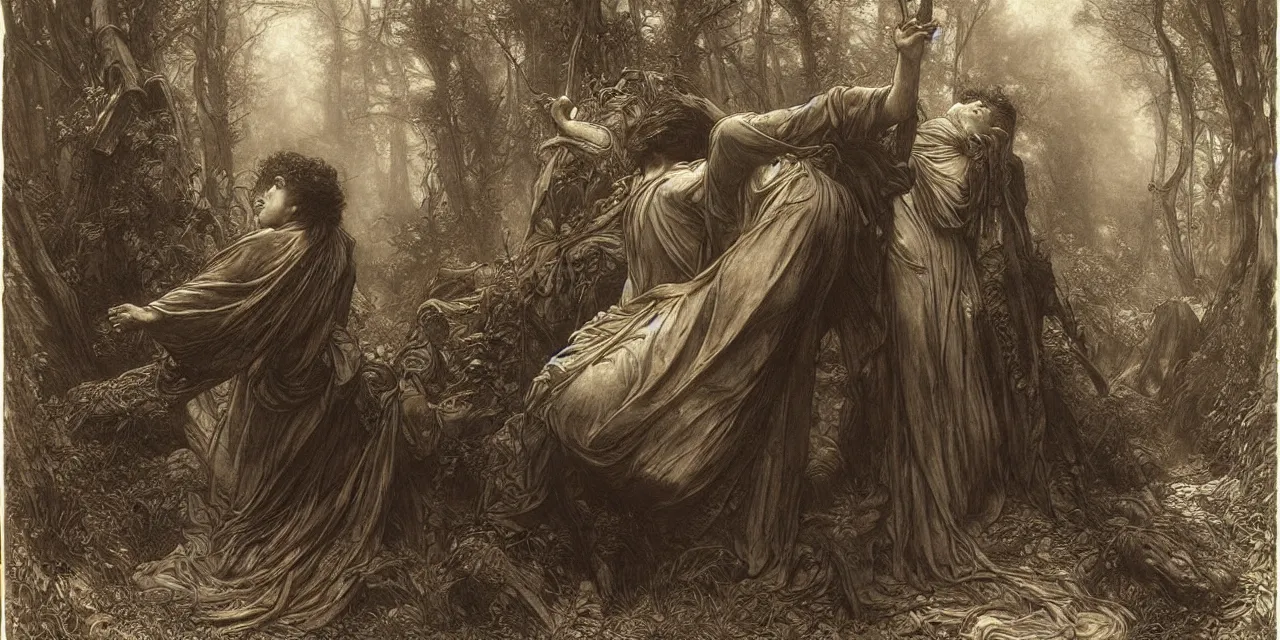 Prompt: the vanishing of ethan carter by gustave dore, james ryman, alphonse mucha. deep rich color