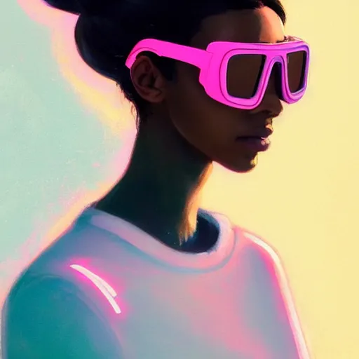 Image similar to beautiful woman wearing opaque reflective goggles profile picture by greg rutkowski, dynamic pose, brown skin, long locs hair, asymmetrical, futuristic, pastel neon colors, streetwear, studio ghibli, organic painting, matte painting, geometric shapes, hard edges, street art, trending on artstation, fantasy lut, realistic by sachin teng,