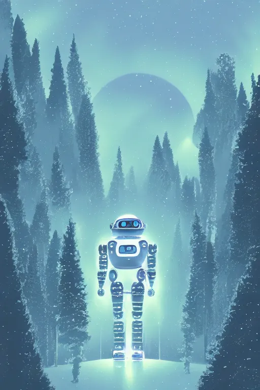 Image similar to A retro glossy white robot stands in the middle of a forest in the centre of the frame. softly glowing blue trees at night. The sky above has many stars and a beautiful blue aurora. Comet in the middle of the sky. The ground is icy and it is snowing. Cyril Roland naomi okubo. Trending on artstation. Digital painting.