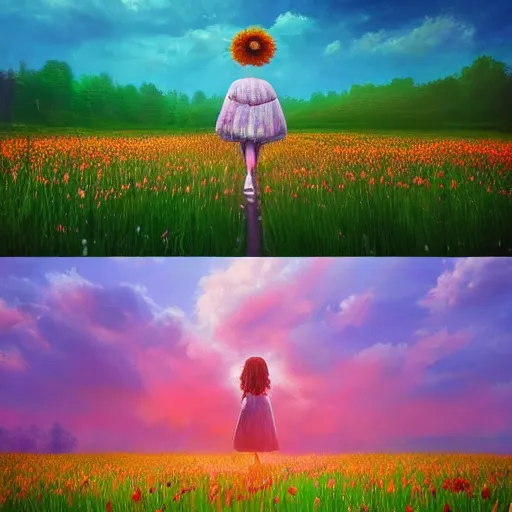 Image similar to giant daisy flower as a head, girl walking in flower field, surreal photography, sunrise, dramatic light, impressionist painting, colorful clouds, digital painting, artstation, simon stalenhag