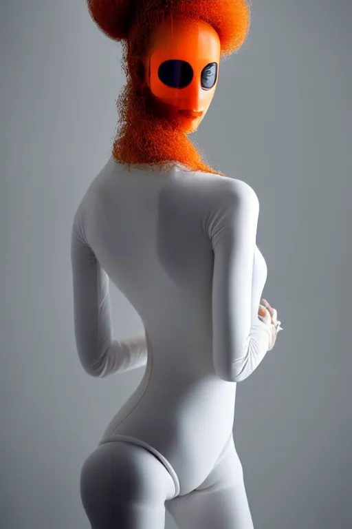 Prompt: symmetrical portrait of a woman wearing an orange embroidered translucent silicone mask and black frizzy hair buns, wearing a white bodysuit by alexander mcqueen, white background, soft diffused light, biotechnology, humanoide robot, futuristic aesthetic, translucent, ethereal, intricate details, highly detailed, masterpiece,