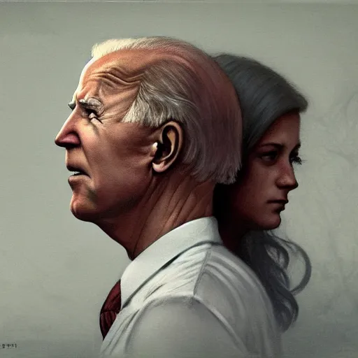 Image similar to Joe Biden sniffing a girls hair, intricate, highly detailed, fullbody, artstation, concept art, horror, conspiracy, demonic, smooth, sharp focus, illustration, art by greg rutkowski and orientalism and bouguereau and Zdzislaw Beksinski, good clear quality, lighting, biology, symmetrical artwork, perfect face, 135 mm, cinematic, hyper realism, high detail, octane render, 8k, chrome accents