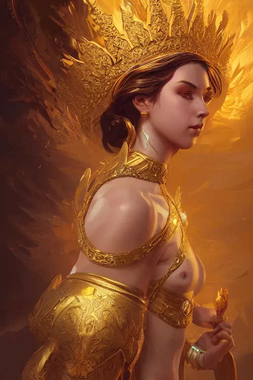 Prompt: goddess of the golden crown, highly detailed, digital painting, artstation, concept art, smooth, sharp focus, illustration, unreal engine 5, 8 k, art by artgerm and greg rutkowski and edgar maxence