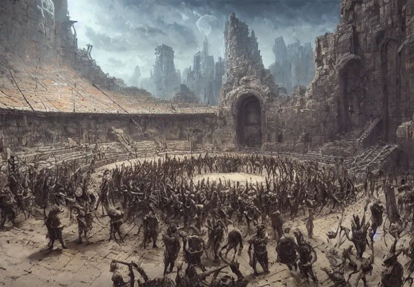 Prompt: ancient arena, surrounded by gladiators, gritty, beksinski, wayne barlowe, ruan jia, dark soul concept art, the hobbit concept art