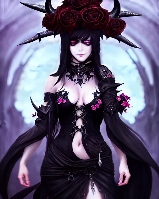 Prompt: ! dream dark sorceress in beautiful dress surrounded by black roses horns and skulls, final fantasy, cushart krenz, very detailed, realistic face, detailed face, matte, tonemapping, bbwchan, perfection, 4 k,