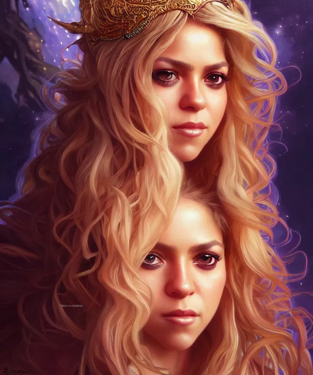 Image similar to Shakira as a fantasy magic woman portrait, sci-fi, amber eyes, face, long hair, fantasy, intricate, elegant, highly detailed, digital painting, artstation, concept art, smooth, sharp focus, illustration, art by artgerm and greg rutkowski and alphonse mucha