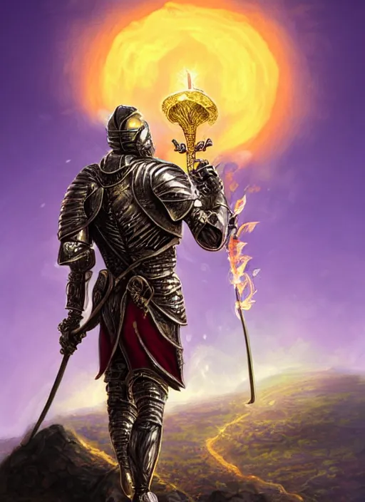 Image similar to a knight in armor decorated with roses and gold holds a flaming sword on a cliff as he watches a violet sunrise on an alien planet. by Ciryl Rolando, hyperrealistic illustration, digital art, studio lightning, very detailed faces