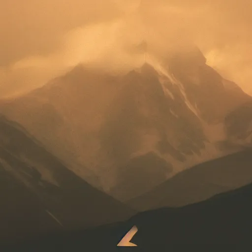 Image similar to misty snowey mountain, glowing letter v embedded in peak, foggfy, cloudy, 8 k, digital art station, professional art, cracked mountain, thunder clouds,