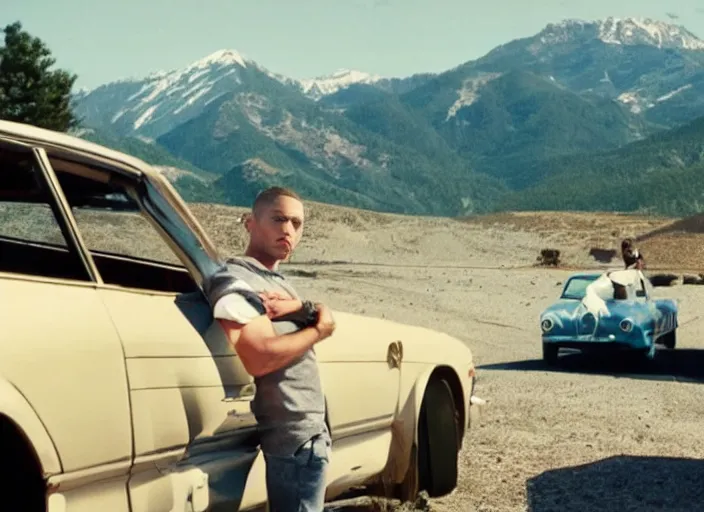 Prompt: a very high resolution image from a new movie, eminem shooting a car. mountains, directed by wes anderson