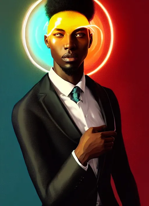 Prompt: portrait of handsome black genius in tailored suit, cmyk brainstorm, afro - futurist style, intricate baroque halo, elegant, glowing lights, highly detailed, digital painting, artstation, concept art, smooth, sharp focus, illustration, art by wlop, mars ravelo and greg rutkowski