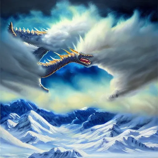 Prompt: a vast oil painting of two storm dragons dueling above the snowy peaks, hyper realistic, vivid, highly detailed, many colors