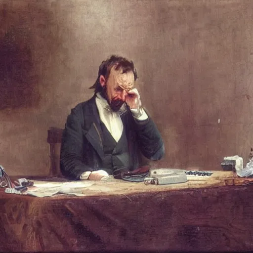 Image similar to an angry man yells at his computer monitor, oil on canvas, 1 8 8 3, highly detailed