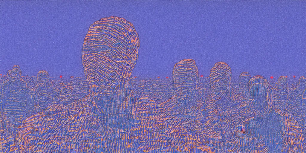 Image similar to risograph grainy painting of tomorrow harvest, i see drones, by moebius and dirk dzimirsky and satisho kon, blue hour, close - up wide portrait