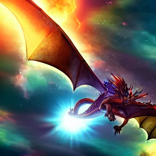 Prompt: dragon flying in space, glowing galaxy in the background, cinematic, detailed, clean, realistic