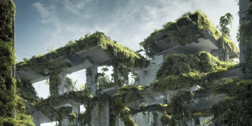 Image similar to concrete architecture with moss and ivy growing all over, futuristic, late afternoon light, dramatic clouds in a blue sky, by frank lloyd wright and greg rutkowski and ruan jia