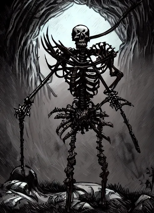 Prompt: concept art of a fragile twisted skeleton warrior with no armor in darkest dungeon, highly detailed, dark atmosphere, cosmic horror, body horror, lovecraft mythos, key character poster