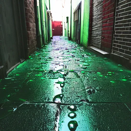 Prompt: a sticky puddle of green luminous goop on the pavement in a back alley