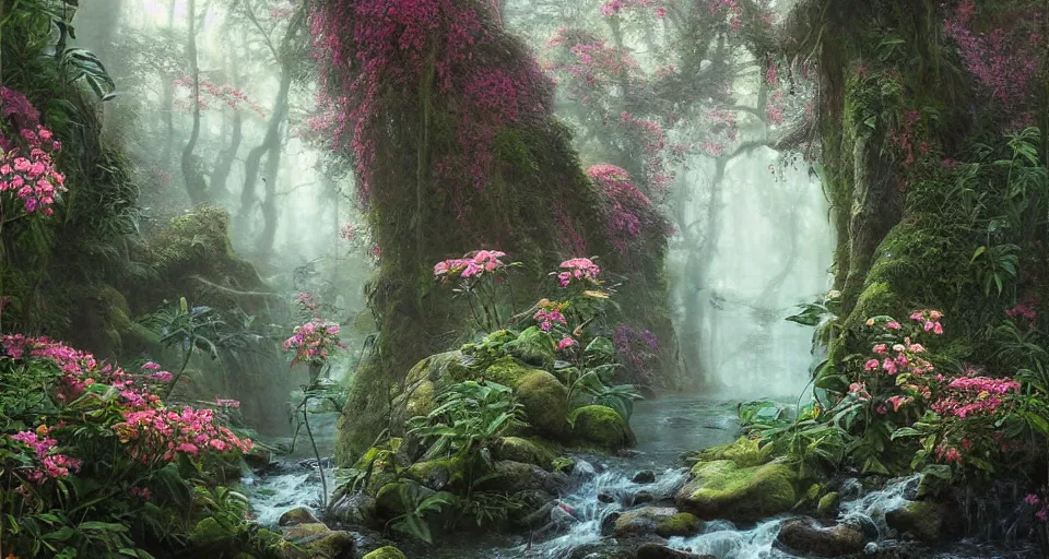 Prompt: dna, woman, ferdinand knab, breath - taking beautiful, streams, flowers, and mist, an aesthetically pleasing, dynamic, energetic, lively, complex, intricate, detailed, well - designed digital art, streams, flowers, and mist, early morning, light and shadow