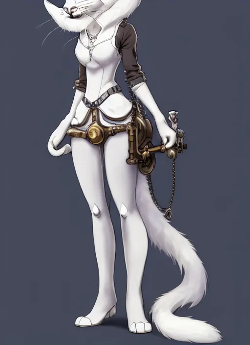 Image similar to wide angle beautiful full body portrait of a strong female anthropomorphic anthro white lynx fursona wearing a steampunk dress. character design by disney, anime, manga, charlie bowater, ross tran, artgerm, and makoto shinkai, detailed, soft lighting, rendered in octane