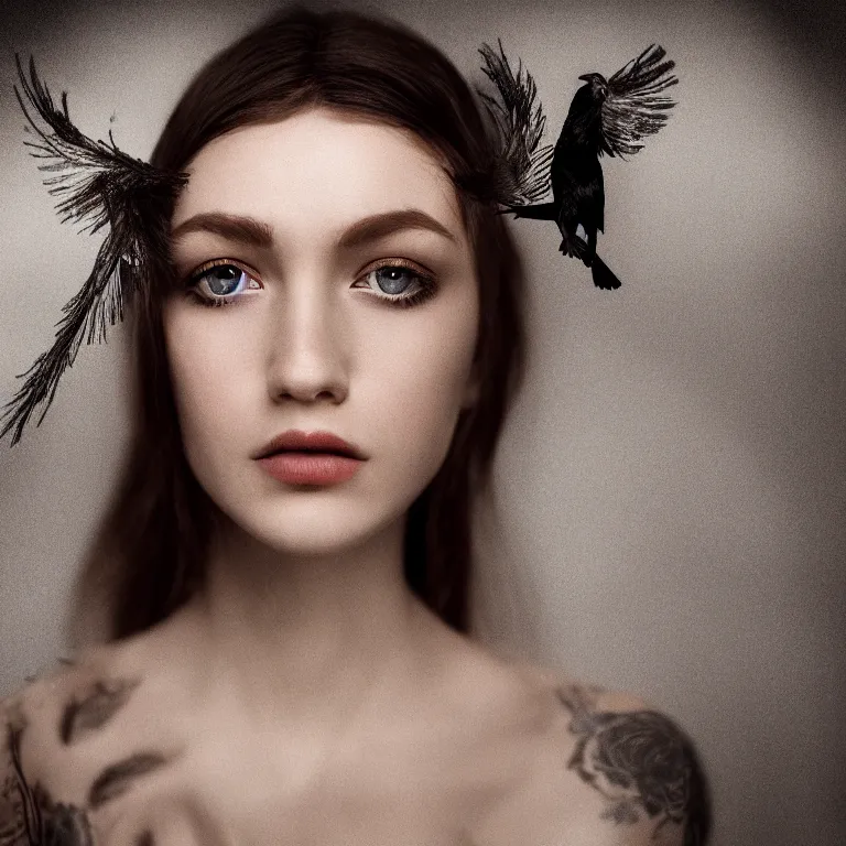 Image similar to hight focus of a wonderful realistic focused sweet wonderful symmetrical mid portrait of a lonely beautiful woman, only her dress is like a realistic black raven plumes, image in center, dramatic light, octane render - 8 k