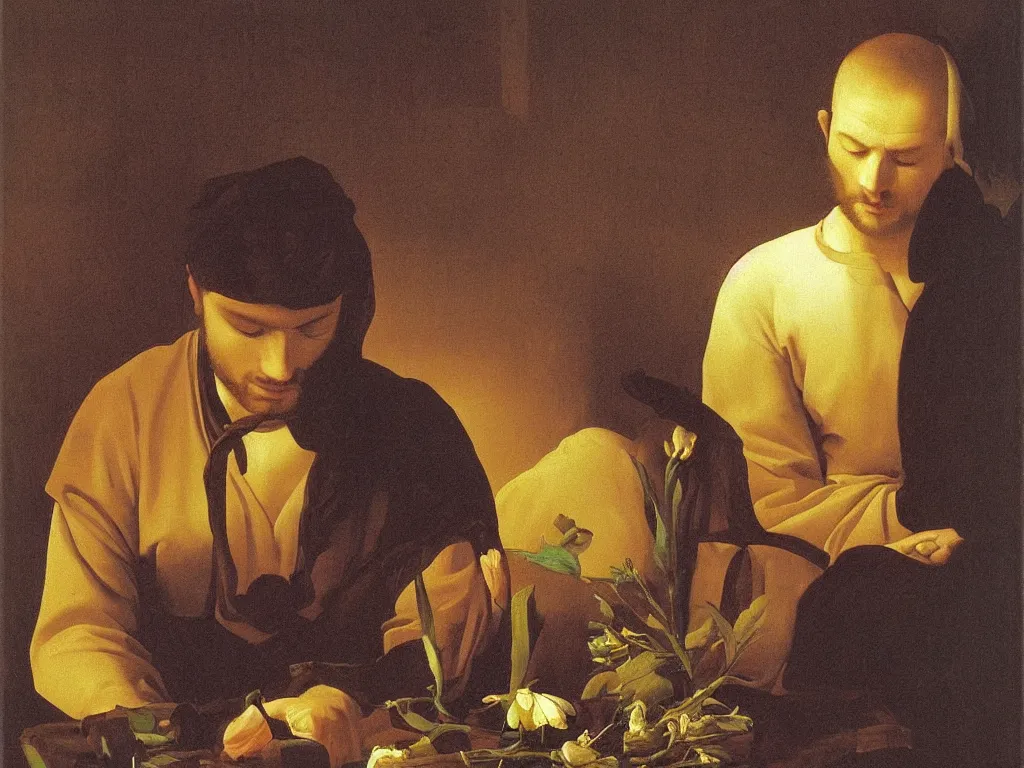 Image similar to Portrait of intense man with eyes closed, meditating at the candle light. Vase with wilted flowers. Painting by Georges de la Tour