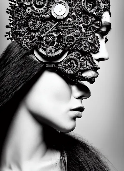 Image similar to a stunning young female crow - orchid - cyborg profile face, face is made intricate tribal bio - mechanical, editorial photography, bw, shot on 7 0 mm, depth of field, f / 2. 8, high contrast, 1 6 k, volumetric lighting, shiny, insanely detailed and intricate, hypermaximalist, elegant, ornate, hyper realistic, super detailed